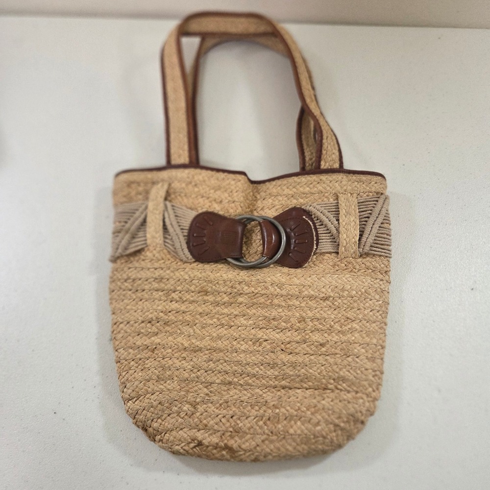 Polo Jeans Co Ralph Lauren Straw Tote Bag Beige Woven Leather Trim Boho Coastal